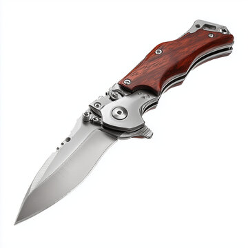 Folding Pocket Knife with Wooden Handle Isolated on White Background