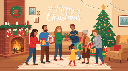 Fototapeta premium Happy diverse family exchanging christmas gifts in cozy living room