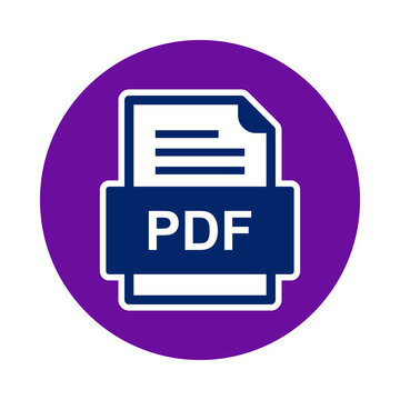 Flat design purple circular icon featuring a white document file representing portable document format transparent background