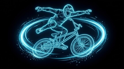 Naklejka premium Neon blue BMX rider performing stunt, glowing light trail bicycle illustration, futuristic cycling action art on black background