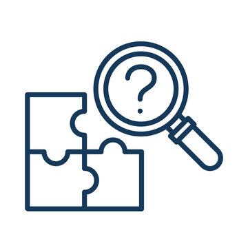 Magnifying glass with question mark over puzzle pieces linear icon transparent background