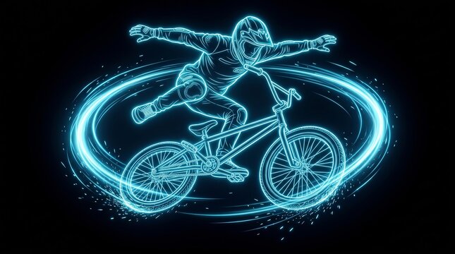 Neon blue BMX rider performing stunt, glowing light trail bicycle illustration, futuristic cycling action art on black background
