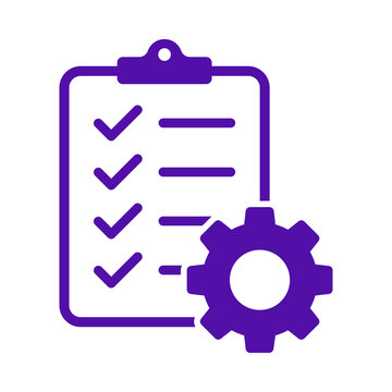 Purple clipboard icon with checklist and mechanical gear symbol isolated on white background transparent background