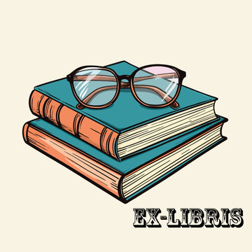 053-18-Stacked books topped with reading glasses, featuring ex-libris text below