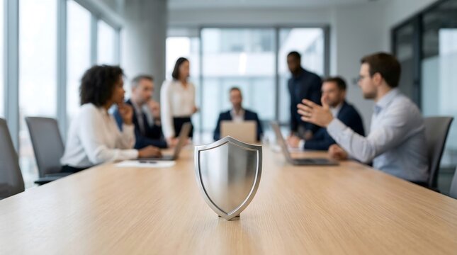 Metal Shield Protection Concept Over Corporate Boardroom Meeting Table Background