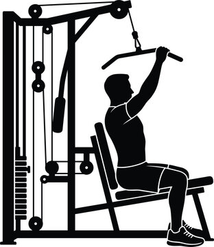 Man doing lat pulldown exercise on cable machine in gym for strength training back workout fitness illustration