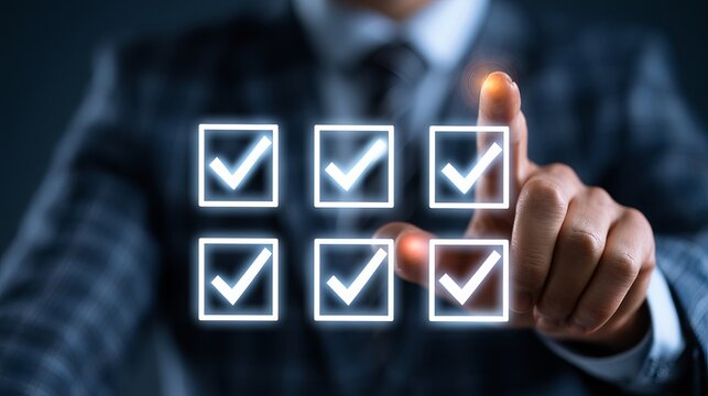 A businessperson confidently taps a glowing interface displaying several checkmarks, symbolizing approval and successful task completion, highlighting a concept for corporate workflows
