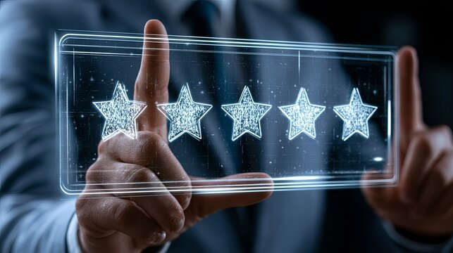 A businessman points to a holographic display showcasing five glowing star ratings, representing customer satisfaction and positive feedback within a digital environment