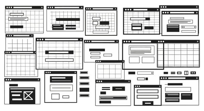 Wireframe browser windows for web design with development white background collection wireframe interface template mockup sketch black
