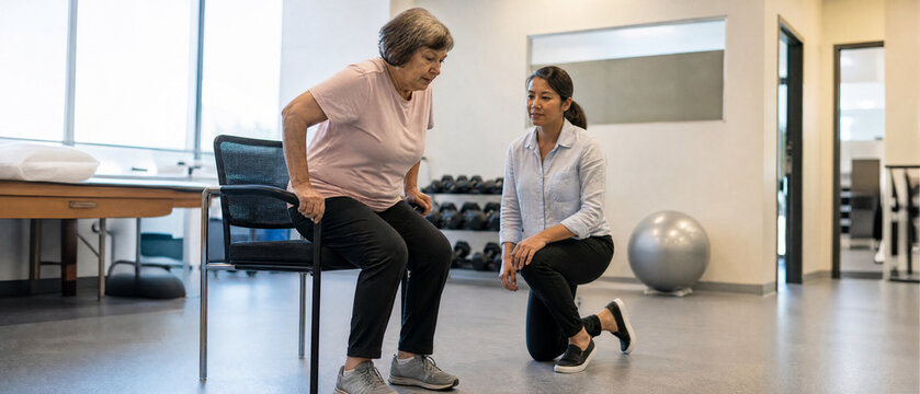 Elderly woman exercising with female trainer during assisted chair squat in bright contemporary gym, showing focused effort and supportive professional guidance