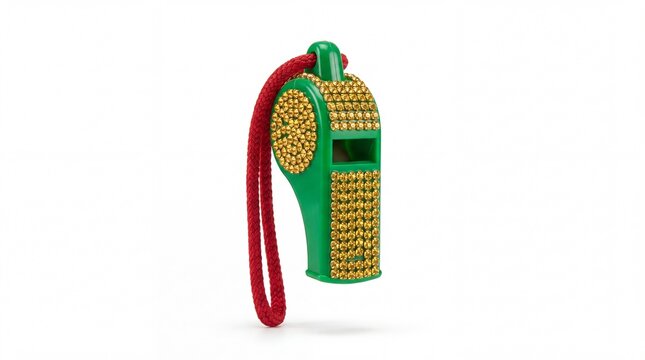 Realistic 3D illustration of an embellished carnival whistle, festive parade noise maker