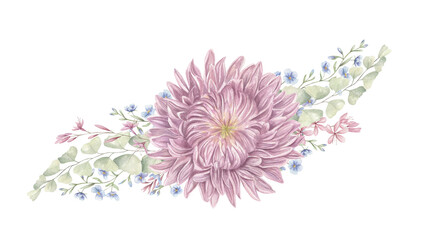 Obraz premium Pink chrysanthemum, eucalyptus branches and wildflowers watercolor composition on isolated background. Floral arrangement for elegant wedding stationery, spring greeting card, and delicate home decor.