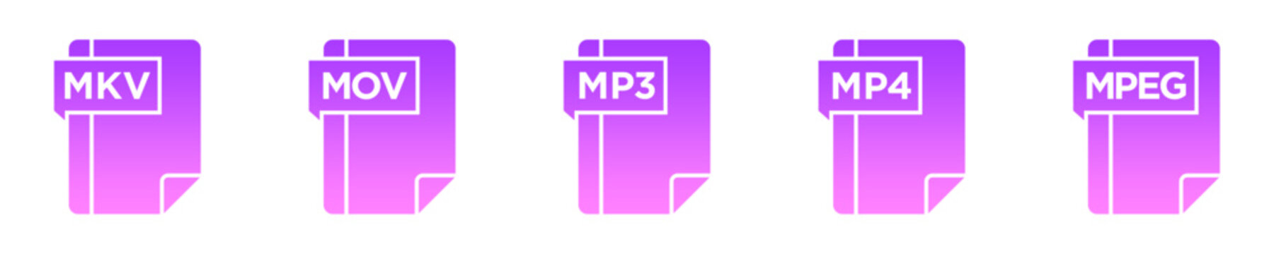 Set of purple gradient file format icons for video and audio media file types