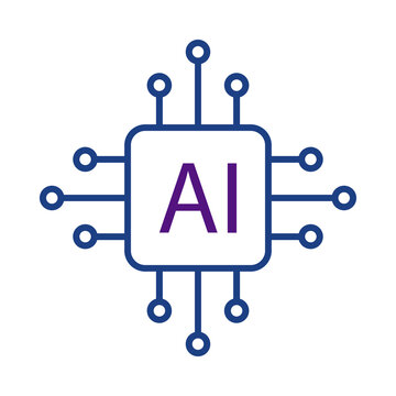 Minimalist artificial intelligence processor chip icon with circuit board connection nodes transparent background