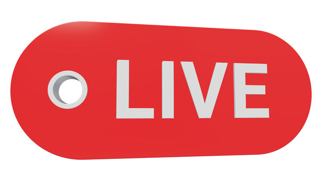 3D red rounded rectangular button with white live text and a circular silver indicator light