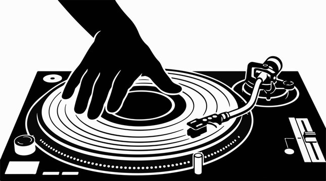 A hand scratching a vinyl record on a turntable