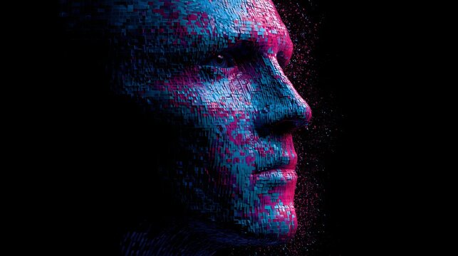 Abstract portrait showcasing a human face rendered with vibrant blue and magenta particles, set against a stark black backdrop, demonstrating digital artistry