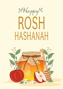 Happy Rosh Hashanah Greeting Poster with Honey Jar, Apple, Pomegranate and Botanical Leaves on Cream Background. Editable Vector Illustration. 