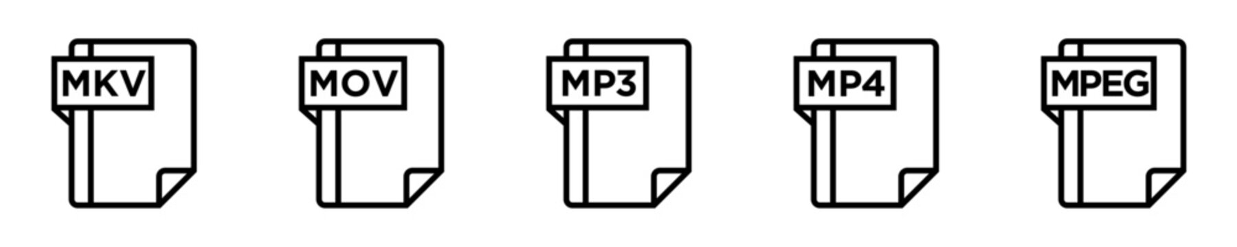 Set of digital media file format icons including MKV, MOV, MP3, MP4 and MPEG extensions.