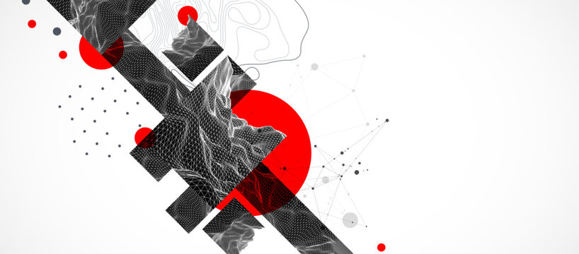 Abstract wireframe graphic background with red circles black geometric shapes and wave lines. Vector