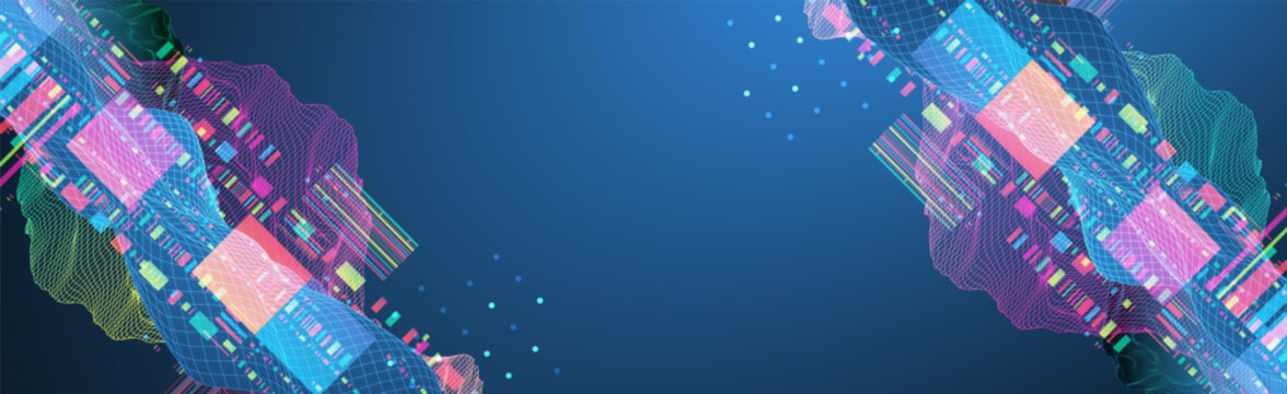Abstract digital data visualization with colorful neon waveforms, wireframe grids, and geometric glitch elements on a dark blue background.