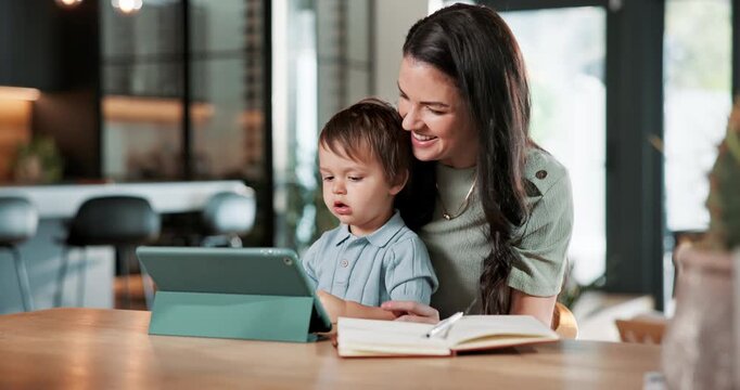 Childcare, home and mom with tablet, remote work and happy woman with son or multitask with project. Freelancer, online and person with toddler, family embrace and assignment with technology in house