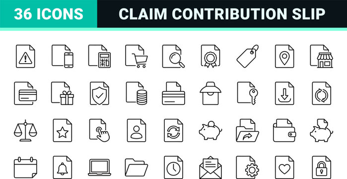 Excess Payment Slip Claim Contribution Web Icon Set in Linear Style. Collection of payment surplus, refund claim, contribution adjustment, financial processing, overpayment payout, document approval.