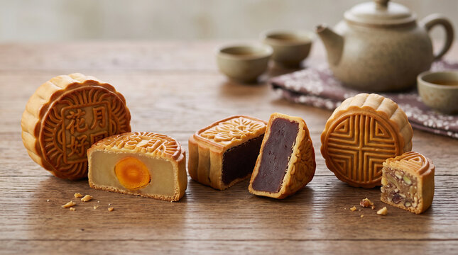 Half cut mooncake with egg yolk for Chinese Mid-Autumn Festival