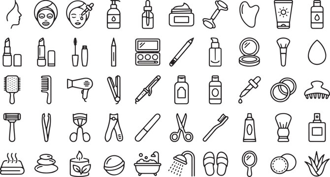 Cosmetic beauty icons collection featuring various skincare products hair styling tools personal hygiene items grooming essentials makeup