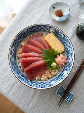Fresh tuna sashimi rice bowl with tamagoyaki and pickled ginger