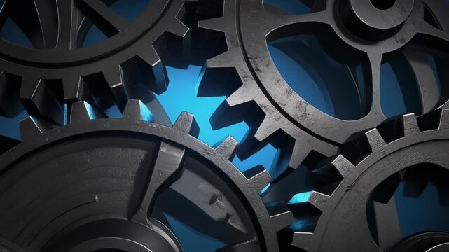 Industrial Metal Gears and Cogs with Blue Light Background 4K Generative AI