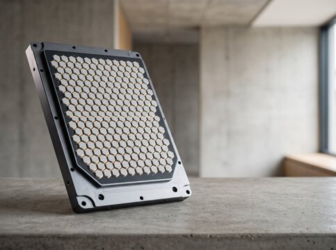 Phased-array antenna panel with hexagonal ceramic elements on a CNC aluminum chassis resting on concrete table