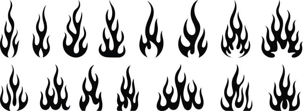 Flame silhouette vector graphics featuring classic black fire shapes in old school tattoo, automotive, and minimalist styles.