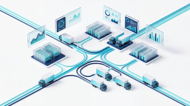 Isometric logistics network with delivery trucks and data servers, smart supply chain management concept, digital distribution hub