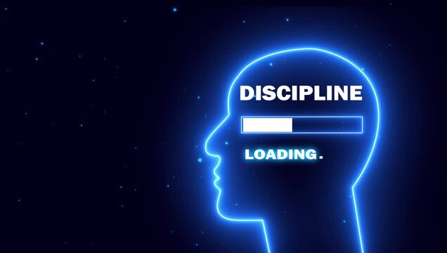 Discipline loading concept: glowing human head silhouette with progress bar for personal development, mental growth,