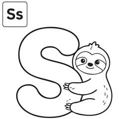 Naklejka premium Letter S for Sloth Alphabet Coloring Page Vector Illustration. A cute black and white line art illustration of a sloth hugging the letter S for educational kids activities.