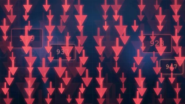 Abstract Digital Background with Falling Red Arrows and Financial Data Numbers for Market Crash Concept