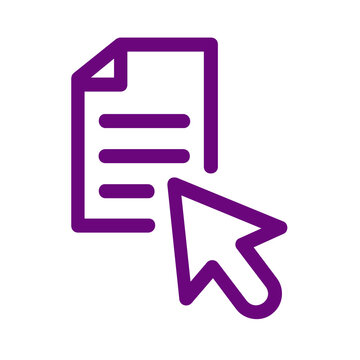 Purple outline icon of a digital document file with a computer mouse cursor arrow transparent background