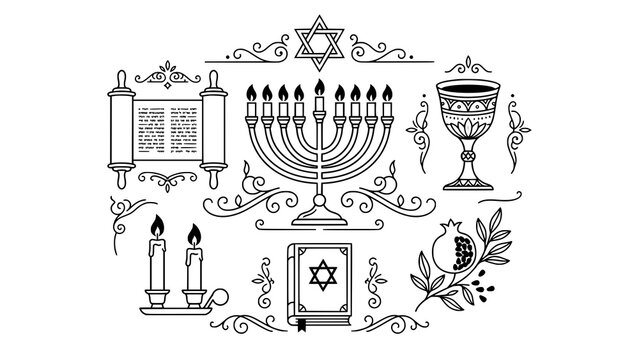 Set of jewish religious symbols featuring menorah torah scroll and star of david