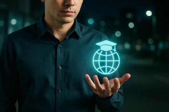 Businessman holding out hand with glowing holographic globe and graduation cap icon floating