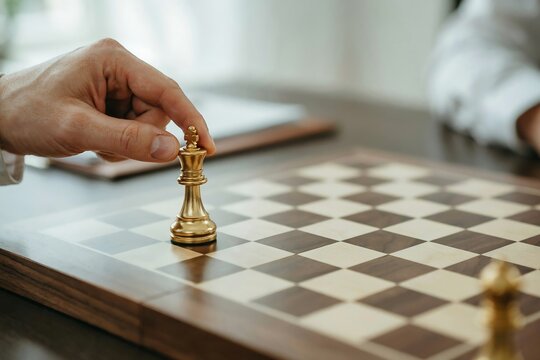 Close-up of a person moving a golden chess piece on a wooden board during a strategic game