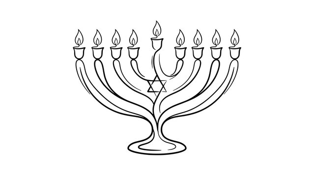 Black and white line art illustration of a traditional hanukkah menorah candelabra