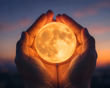 Sharad Purnima celebration concept with hands holding a glowing full moon against a serene twilight sky