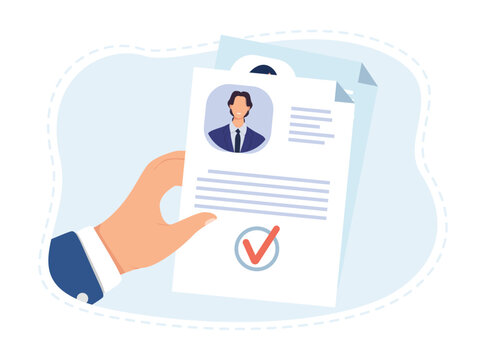 Hand holding approved resume document vector illustration for recruitment, hiring candidate, job application, approved cv, employee selection, and human resources concept.