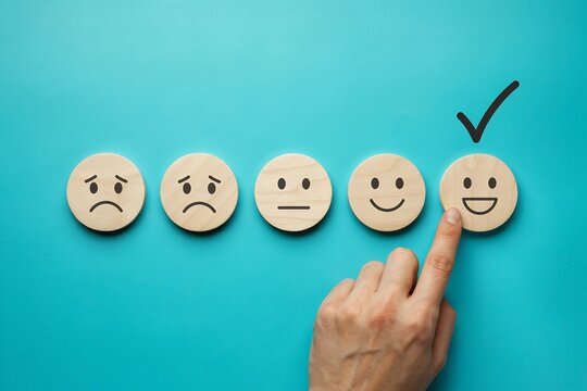Hand selecting a happy face icon from a row of wooden circles representing customer satisfaction levels