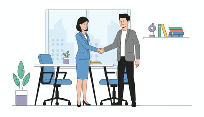 Fototapeta premium Businesswoman and businessman shake hands across a desk in a professional meeting room to finalize their corporate partnership deal.