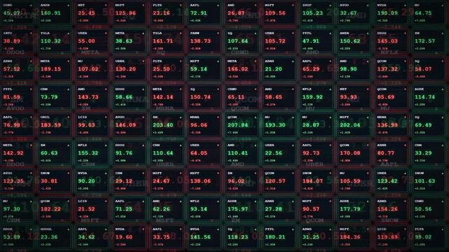 Digital data stream with scrolling numbers and financial statistics on a dark technological background