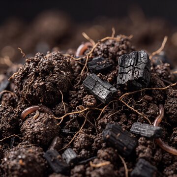 Biochar Amended Dark Fertile Soil Macro Texture Worms in Precision