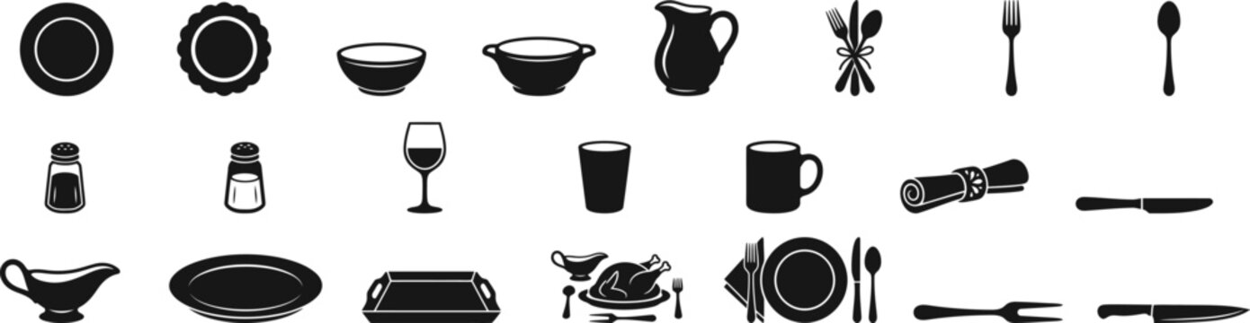 Thanksgiving Dinner Tableware Silhouette Icons Set