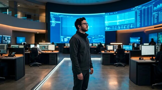 Cybersecurity expert standing in modern control room monitoring big data analytics